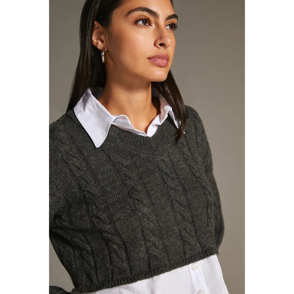 Anthropologie Pilcro Cropped Cable-Knit Twofer Sweater Gray White Sz Medium - Picture 4 of 12